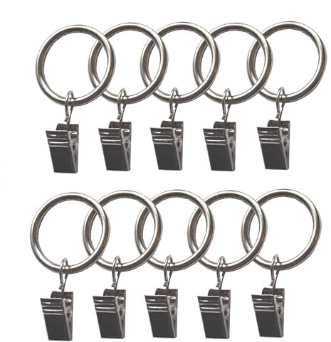 BASIT 10 Stück Gardinenringe Vorhangringe aus Metall mit Metallklammern I Clips Haken I Edelstahl Look I Innendurchmesser ca. 25mm C16