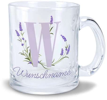 Kiwistar Tasse transparent Glas - Name Lavendel - individuell personalisiert mit Wunschtext bedruckt - Texttasse selbst gestalten - Tassen selber personalisieren - Spruch - Geschenk - Motivtasse