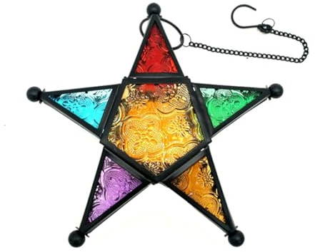 Loufy Farol colgante para vela, estilo marroquí, de cristal, forma de estrella de cinco puntas, soporte para boda, jardín, patio, negro, fácil de instalar, fácil de usar