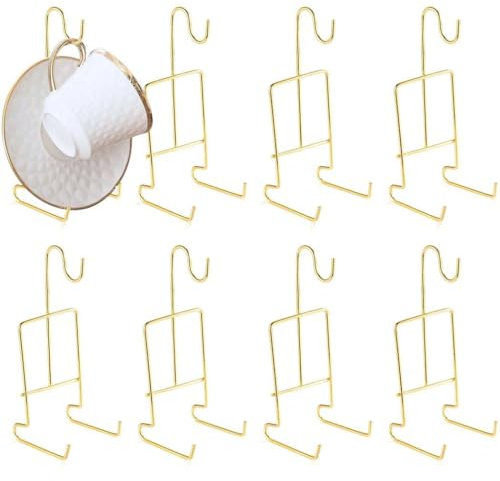 Soportes de exhibición de tazas de té y platillos con acabado dorado, juego de 8 piezas de organizador de metal para tazas de café, soporte para tazas de té para mostrar tazas de café y platos