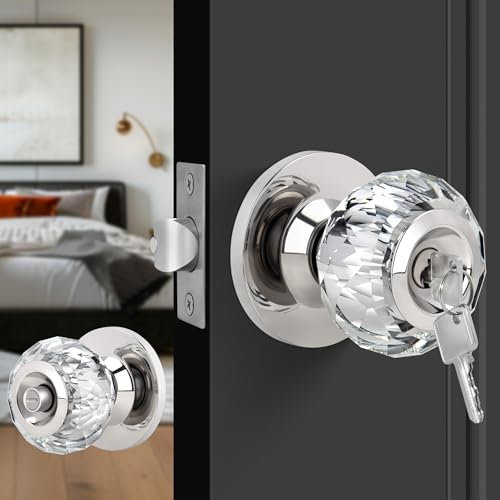 Gaurqiah Crystal Door Knobs with Lock and Keys, Interior Glass Door Knobs with Privacy Lock Diamond Crystal Door Knob for Bedroom Bathroom, Satin Nickel 1 Pack
