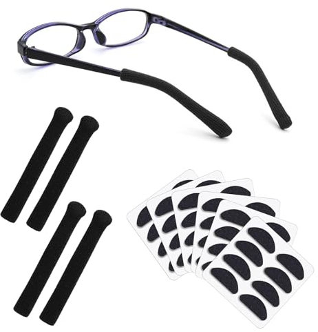 SwirlColor Glasses Nose Pads 24 Pairs Sponge D-Shape, Glasses Ear Grips 4Pcs Elastic Knitting, Glasses Accessories for Sunglasses Eyeglasses Reading Glasses-Black