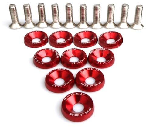 GIONAR 30 Paare Auto M6 Eloxierte Aluminium Unterlegscheiben und M6x20mm Schrauben, Senkkopfschrauben für Fahrzeug Stoßstange Kotflügel, Motorraum Dress Up Kit (Rot), JDM-Automodifikation Kit