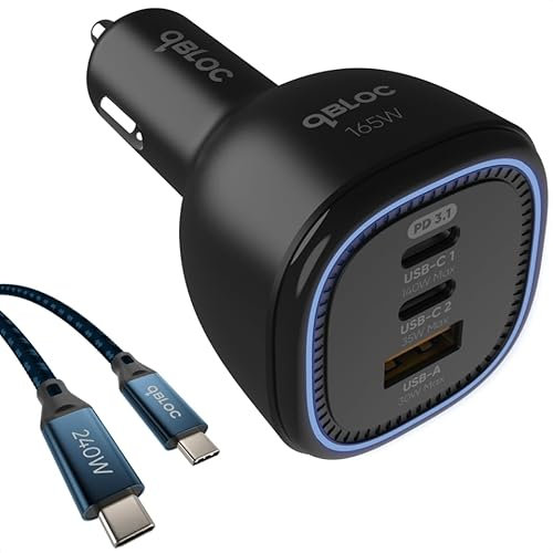 qBLOC 165W USB C 3 in 1 Adaptor - 140W Car Charger Output for Macbook, Laptops, iPhone, Power Stations - Fast Charge for 12v/24v Cars, Vans and Trucks