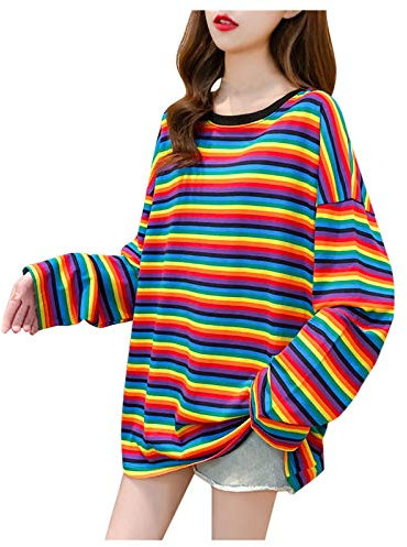 HOOUDO Sonderangebote Schnäppchen Frauen Lose Rainbow Contrast Color Striped Top Langarm T-Shirt Leichter Pullover Damen Women's Sports T Shirt White Long Sleeve Top Girls 5-6 Mein Bestellung Sale