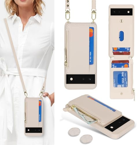 SailorTech Handyhülle für Google Pixel 6 Etui mit Kartenfach, Google Pixel 6 Hülle mit Verstellbarer Halskette, Google Pixel 6 Handytasche mit Reißverschluss Geldbörse-Aprikose