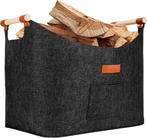 Atoke Extra dicker Filz-Brennholzkorb mit verstärktem Griff | Faltbare Filztasche als Aufbewahrungskorb für Holz, Zeitungen, Einkäufe und Brennholz,Dunkelgrau