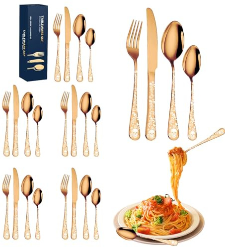 Set di 24 posate in oro e argento, lavabili in lavastoviglie, set di posate in acciaio inossidabile per uso alimentare, set di posate da cucina per casa, ufficio, ristorante, hotel, finitura a