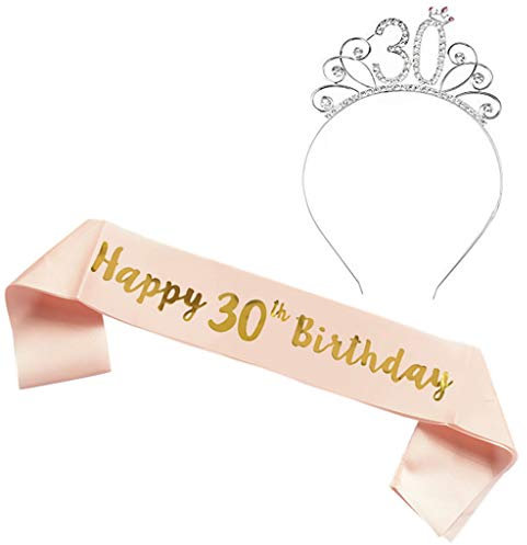 Ouceanwin Geburtstagskrone Schärpe Frau Deko Set, Kristall Tiara Krone 30. Geburtstag Frauen Deko Strass Haarreif Stirnband Geburtstag Geschenk für 30 Jahre Frau Geburtstag Party Deko