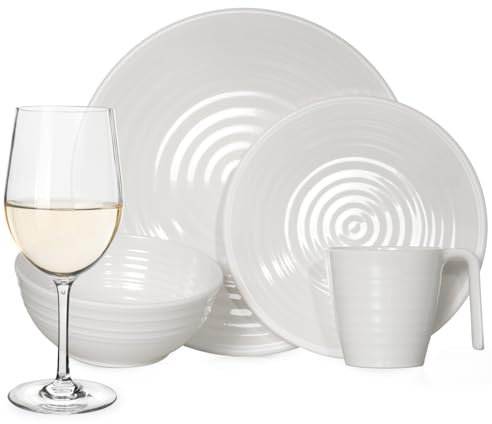 Melamin Camping Geschirr Set 4 Personen Crema 16 Teilig + 4 Tiamo Weiß Weingläser Tafelgeschirr Picknick BBQ Kochgeschirr