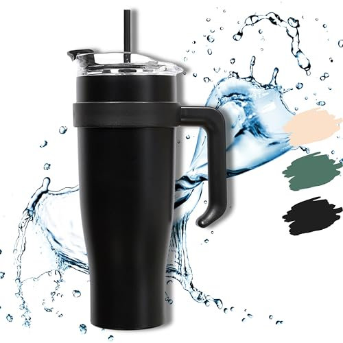 HAPPYCOSAS Vaso térmico con pajita y asa de 1.2L - Se adapta al portavasos de coche - Diseño de doble pared, mantiene las bebida fría 12h y caliente durante 8h.