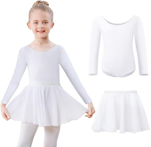 Kefiyis Ballettkleidung Mädchen Ballettkleid Langarm Ballettanzug Kinder Balletttrikot Tanzkleid Baumwolle Tanzbody mit Ballettrock Tütü Ballerina Kleid 3-11 Jahre