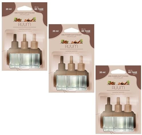 RUUM Nachfüllflakons 3er Pack je 20 ml Sandelholz - Hochwertiger Raumduft Nachfüller - Kompatibel mit Febreze & Ambi Pur 3Volution Duftstecker - Lufterfrischer Nachfüller für Duftvielfalt