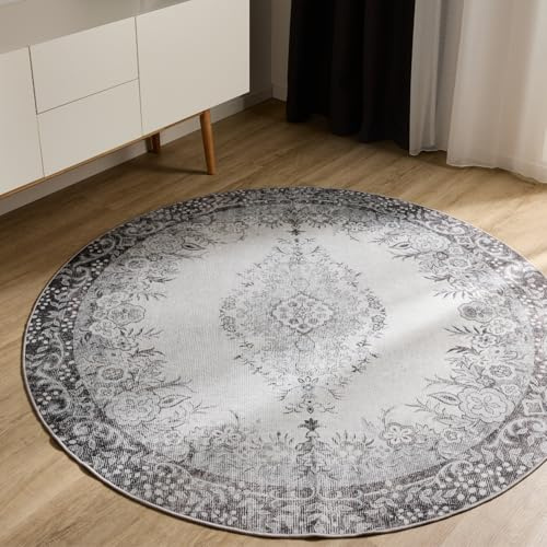 benuta Basic Waschbarer Teppich George - Schwarz/Grau 120 cm rund - Kunstfaser - rund & im Style: Vintage, Elegant, Retro - Pflegeleicht für Wohnzimmer Schlafzimmer