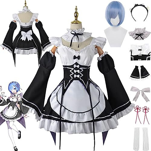bbganlian Anime Rem Ram Cosplay Kostüm Outfit Re Life In A Different World From Zero Maid Dress Uniform Komplettes Set Halloween Karneval Dress Up Anzug mit Perücke für Frauen (L)