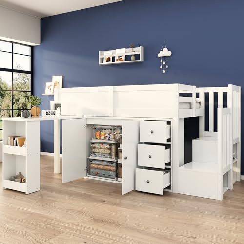 Kinderhochbett, Multifunktionales Kinderbett, Mit Ausziehbarem Schreibtisch Und Seitlichem Ablagefach, Mit Schrank, Mit Schublade, Mit Treppe Und Treppenschrank, Ohne Matratze, MDF, Weiß 90*200