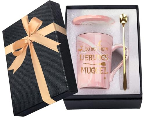 Tasse mit Du bist mein Lieblingsmuggel“ als Geschenk für Frauen, rosa Marmor-Teetasche mit Deckel Goldenem Löffel und Geschenkbox, 400 ml