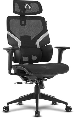 Alpha Gamer Aurora - Silla de Oficina ergonómica, Respaldo y Cervical Ajustable, Asiento y Respaldo en Malla, Transpirable, Asiento y Soporte Lumbar Ajustable, reposabrazos 3D, 120kg, Negro y Gris