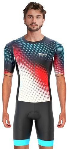 Sikma Tuta da triathlon da uomo, mezza manica, traspirante, imbottita, con catarifrangente ad alta visibilità, una tasca posteriore e fasce elastiche per le gambe, nero/rosso, M