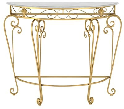 Tables consoles de couloir en verre, table d'entrée fine derrière le canapé, étagère en marbre, table console demi-lune avec pieds en métal et plateau en faux marbre, table d'entrée élégante