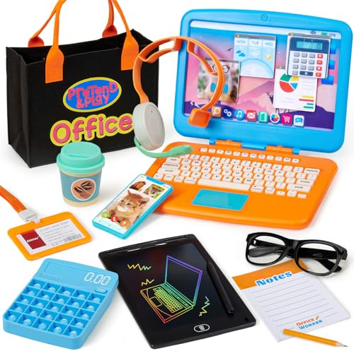 Cleboen Pretend Play Home Office Set für Kinder — Spielzeug-Laptop, LCD-Schreibtablett, Pop-Fidget-Rechner, Telefon, Headset, Brille, Kaffeetasse & Handtasche, für Jungen Mädchen Alter 3-5-7 Jahre