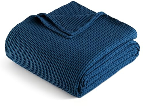 Exclusivo Mezcla Plaid Couverture en Coton à Texture Alvéolée et Gaufrée | 220x240 cm, Bleu Marine, jeté respirant et léger de lit, canapé, voyage, pour les dormeurs qui ont chaud, rafraîchissant été