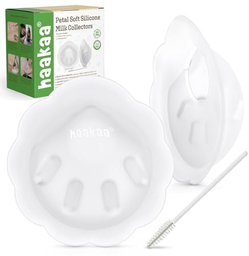 haakaa Petal Soft Silicone Milk Collector for Breastfeeding - 2PCS | Discreet Leak-Protection Breast Milk Saver, Reusable Breast Shells Milk Collection Cup for Breastfeeding with Cleaning Brush