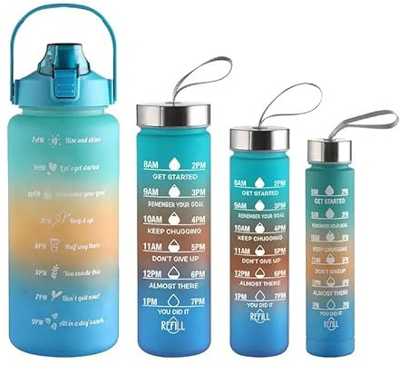 Motivational Water Bottle Set, 4-Pack, 2L/900ml/600ml/300ml, Rainbow Gradient, BPA-Free with Time Markers leak proof Reusable Water Bottle with handel for Gym,office,School,Outdoor (DARK BLUE)