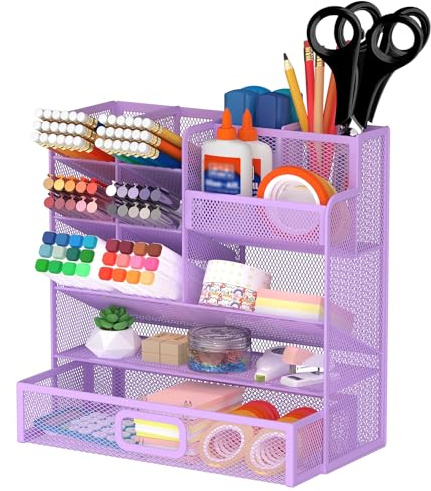 ReePlan Organiseur de bureau en maille filet, pot à crayons mural multifonctionnel avec tiroir, organiseur de bureau et rangement pour fournitures scolaires, maison et art (Violet)