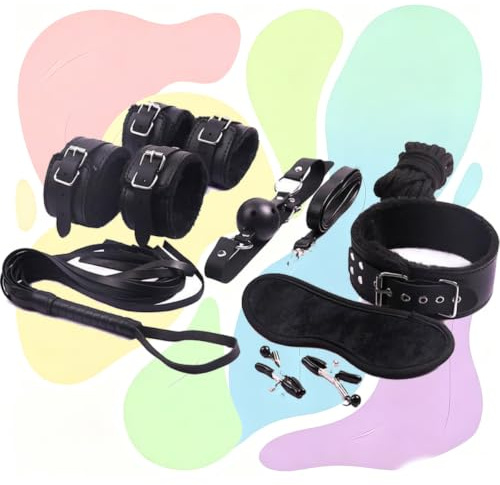 QiKKago Ensemble De Huit PièCes Noir en Cuir Fouet en Peluche Et éQuipement RéGlable Sport Set, Cadeau pour Couple - H16