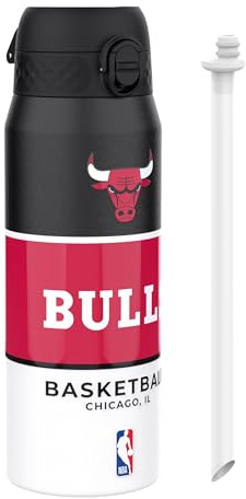 NBA Chicago Bulls Sports Thermal Water Bottle with Removable Straw, 750ml/24oz, Leak-Proof Insulated Drinking Bottle, Easy to Open, Secure Lock, Dishwasher Safe, Flip Cover, Metal Bottle