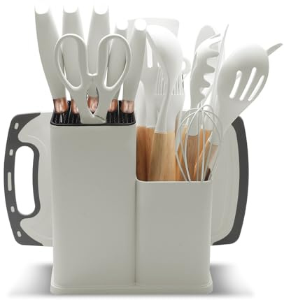 Set Utensili da Cucina in Silicone 19 Pezzi Include Set Coltelli da Cucina 5 Pezzi 12 Utensili in Silicone 1 Forbice Tagliere e Portacoltelli per Pentole Antiaderenti (Bianco)