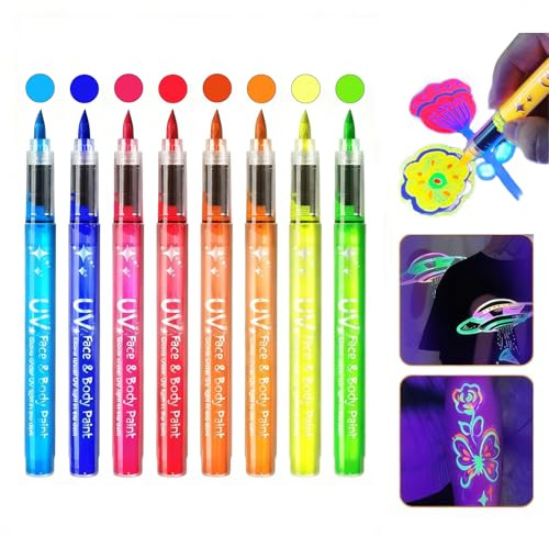 8 Schwarzlicht Farbe Neon Schminke, Glow in the Dark Fluoreszierende UV Stift,Bodypainting Farben, UV Fluoreszierende Farbe Face Body Paint, Tattoo Stifte Hautfreundlich Für Festival Party Deko
