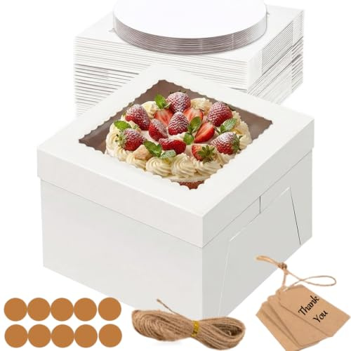 Fukmory 5 juegos de Cajas para Tartas, 30,5 x 30,5 x 20,3 cm | Cajas Blancas Con Ventana y Bandeja para Tartas, Caja Tarta Recipiente para Pasteles