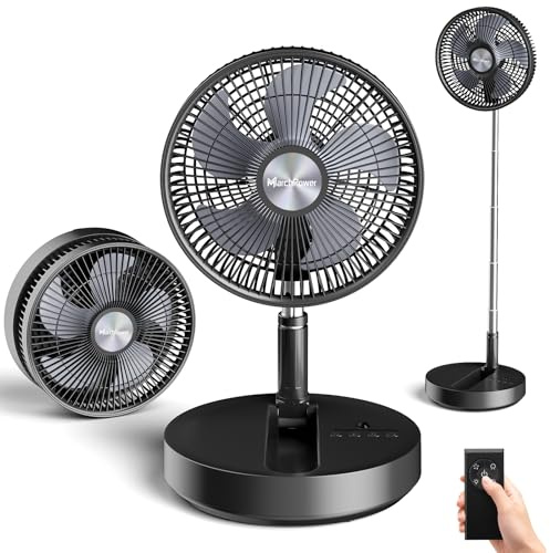 Marchpower Portable Standing Fan Foldable Rechargeable 7200mAh Remote Control Adjustable Height 4 Speed Quiet Pedestal Floor Fan 10 for Bedroom Fishing Beach Camping-Black