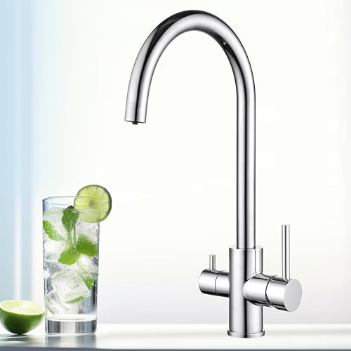 Techzm 3 in 1 Kitchen Tap with Drinking Filtered Water Outlet Double Handle 3 Way Mixer Tap Chrome Kitchen Sink Faucet for Under Sink RO Filter