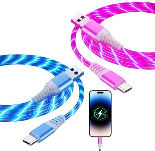 Light Up Charging Cable, 2 Pcs 2m 60w Ps5 Charging Cable, Ps5 Charger Cables, Usb-A To Usb-C Compatible with Samsung Galaxy S24, S23, Note10,for Huawei P9, Pixel 7,Ipad,Etc(Blue, Pink