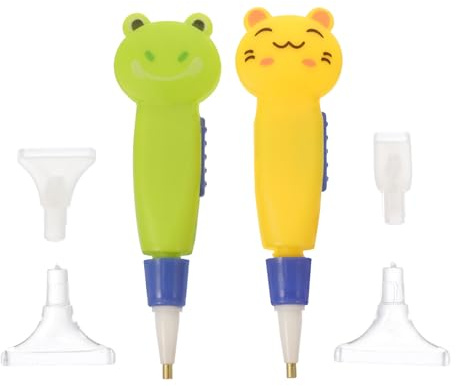 FOMIYES Cartoon Luminous Dotting Pen Set for Nail Art, 2pcs DIY Drill Pens with 4 Interchangeable Tips, Green Frog and Yellow Cat Design, Light-up Nail Painting Tools for Manicure
