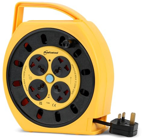 15M Extension Outdoor or Indoor Lead, 4 Socket Extension Reel, Heavy Duty Extension Cable, Safety Switch, UK Outdoor Plug, Extension Lead for Garden, Garage, Camping