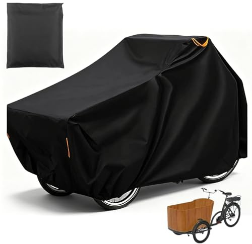 Lastenrad Abdeckung, 220X100X110cm 420D Oxford Fahrradabdeckung Wasserdicht Lastenfahrrad Abdeckplane mit Reflektorstreifen & UV-Schutz Dreiradabdeckung Lastenrad Fahrradschutzhülle für Cargo Bike