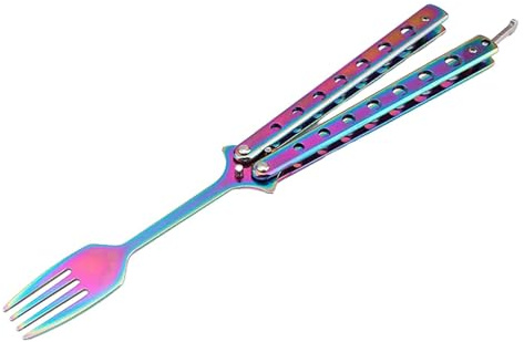 FLCPJGV Tenedor Mariposa Cubierto de Acero Inoxidable Plegable Herramienta de Entrenamiento Multifunción para Práctica en Actividades Al Aire Libre Cocina, Mango Colorido