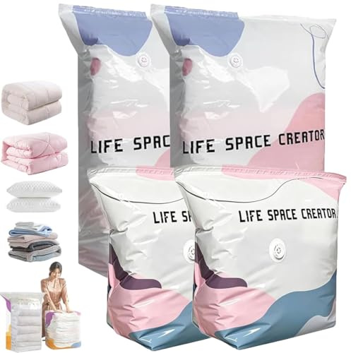 Large No-Pump 3D Vacuum Storage Bags 3-Sec Fast Compression, Reusable Compression Space Saver for Clothes, Bedding, Duvets & Travel (2M+2L)