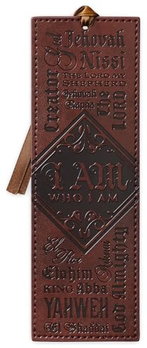 Christian Art Gifts Faux Leather Scripture Bookmark for Men: Names of God | Exodus 34:5, Brown, Bible Verse, Heat-Debossed, Faith-Based Reading Book Accessory, Satin Ribbon Tassel, Encouragement Gifts