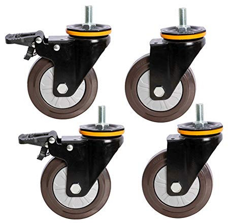 4 x Faden Stengel M12 Gummi Rollen, 3 Zoll 75 mm 4inch 100mm mit Bremse Drehbar Universal Geräuschlose Lenkrollen, Möbel Krankenhauswagen Bürostuhl Gerüst Krippe Schwerlast 300-400 kg