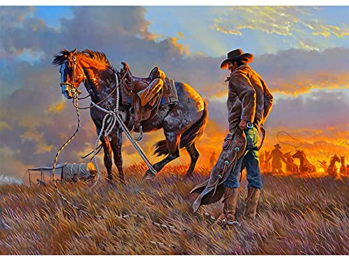 najiaxiaowu Wooden 1000 Pieces Jigsaw Puzzles for Adults, Elderly or Kids, Western Cowboy Rider Prärie Wind Flower Puzzle for Family Parent-Child, Art Decorations DIY Game Toy for Friend, Wife, Mom