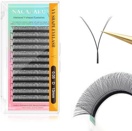 NAGARAKU YY Eyelash Extensions Supplies Y Lash Premade Fans 4D Russian Volume Cross YY Eyelashes Handwoven Y Shaped Mesh Technology Wispy Crisscross Cluster Matte Black 12 Rows(0.05 D Curl 13mm)