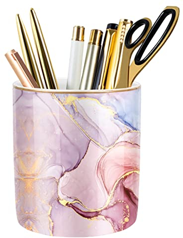 WAVEYU Pinker Keramik-Stifthalter für den Schreibtisch, Make-up-Pinselhalter, Schule und Büro, bunter Marmor