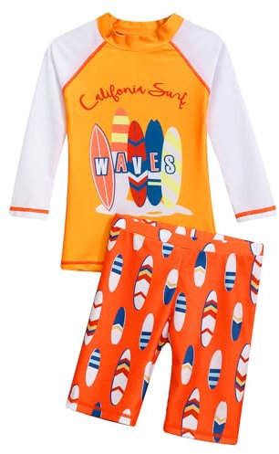 MSemis Jungen Schwimmbekleidung Uv-Schutz Bade-Set Kinder Bademode Streifen Badeshirt und Badeshort mit Sonnenhut Gr. 92-152 Orange 98-104
