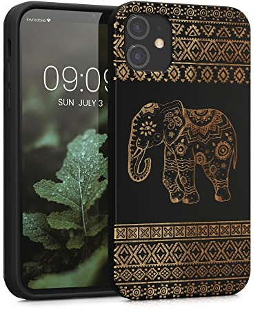 kwmobile Wood Case Compatible with Apple iPhone 11 Case - Cover - Wood Elephant with Pattern Light Brown/Black