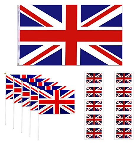 Set di 16 bandiere del Regno Unito, Union Jack, bandiere a mano, adesivi per tatuaggi, articoli per la decorazione del giubileo di platino 2022 per la festa della decorazione reale del Regno Unito